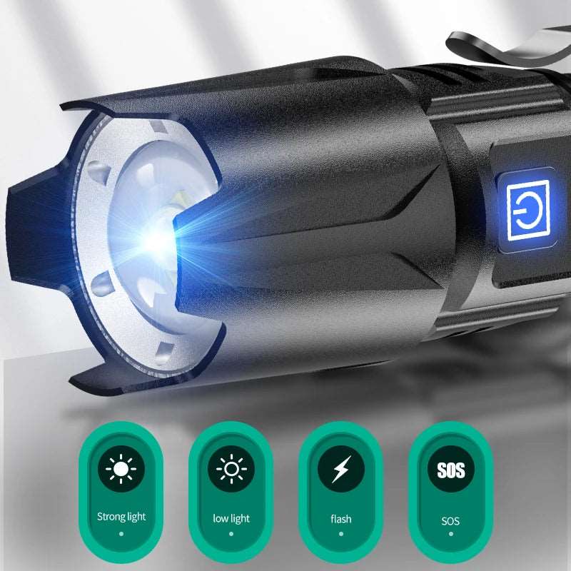Super Bright 800000LM W308 Led Flashlight Torch USB Rechargeable 18650 Battery Zoomable Aluminum Lantern Light for Camping Sk68