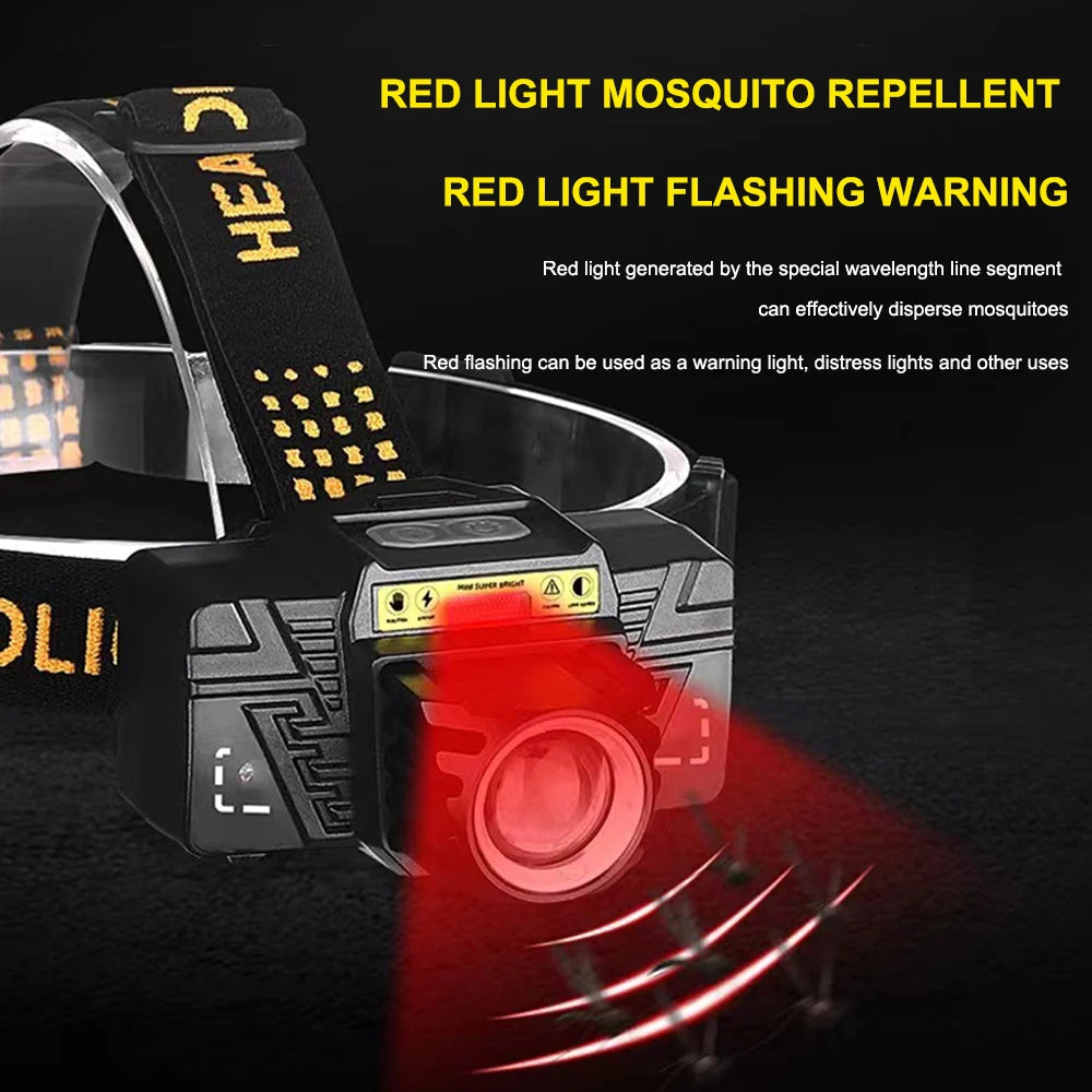 مصباح أمامي LED فائق السطوع قابل للتكبير والتصغير من النوع c مع مستشعر موجة 18650 و5 أوضاع لضوء الرأس للصيد والتخييم والمشي لمسافات طويلة