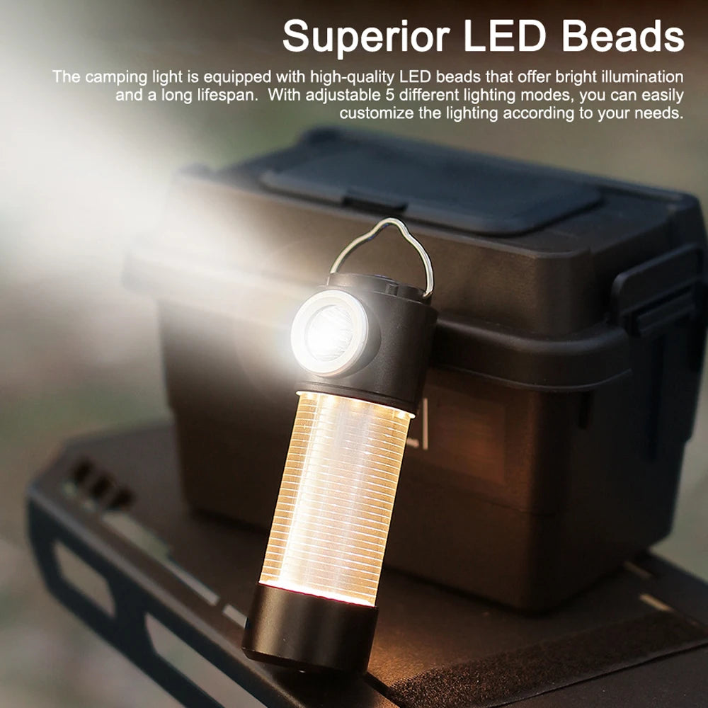 مصباح تخييم LED متعدد الوظائف، مصباح خيمة طوارئ، مصباح عمل قابل لإعادة الشحن مع 5 أوضاع إضاءة للتخييم في الهواء الطلق
