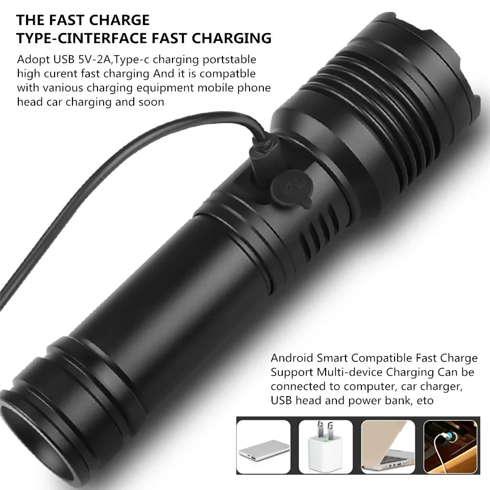 مصباح يدوي LED قوي XHP160 عالي الطاقة محمول من النوع C قابل لإعادة الشحن مصباح LED للصيد في الهواء الطلق والدفاع عن النفس