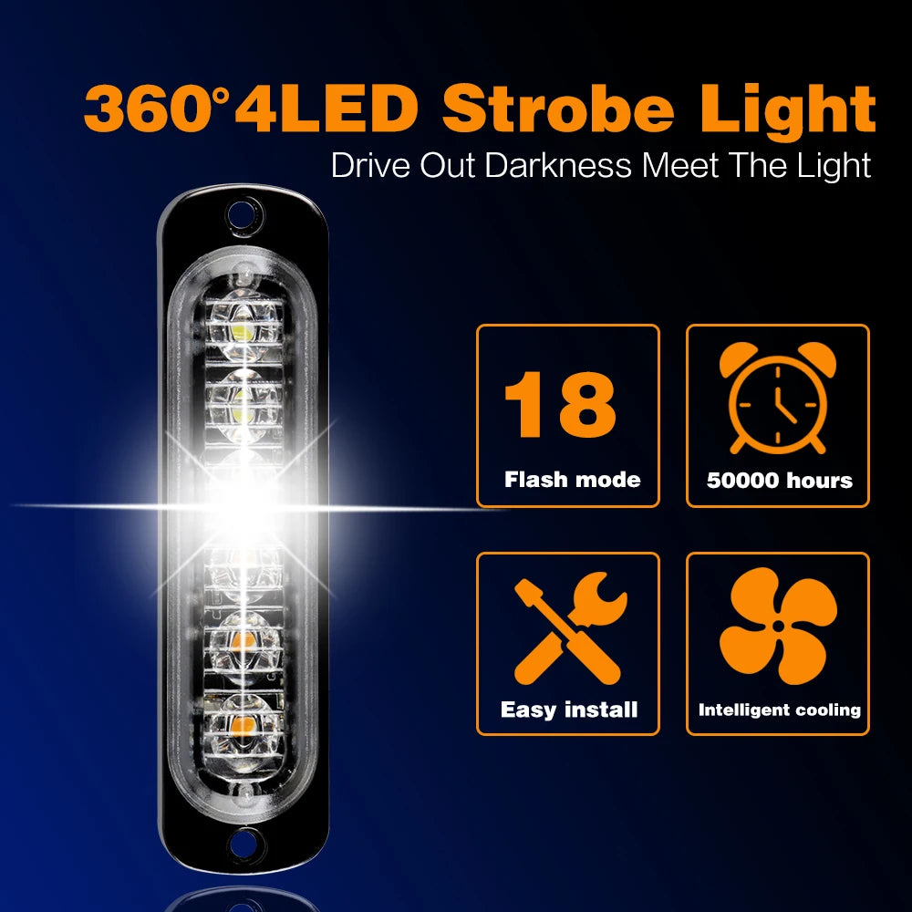 LED Strobe Light For Car Truck Emergency Flashing Grille Light 4 LED Warning Light Police Work Light Bar Strobe Led Lamp 12V 24V