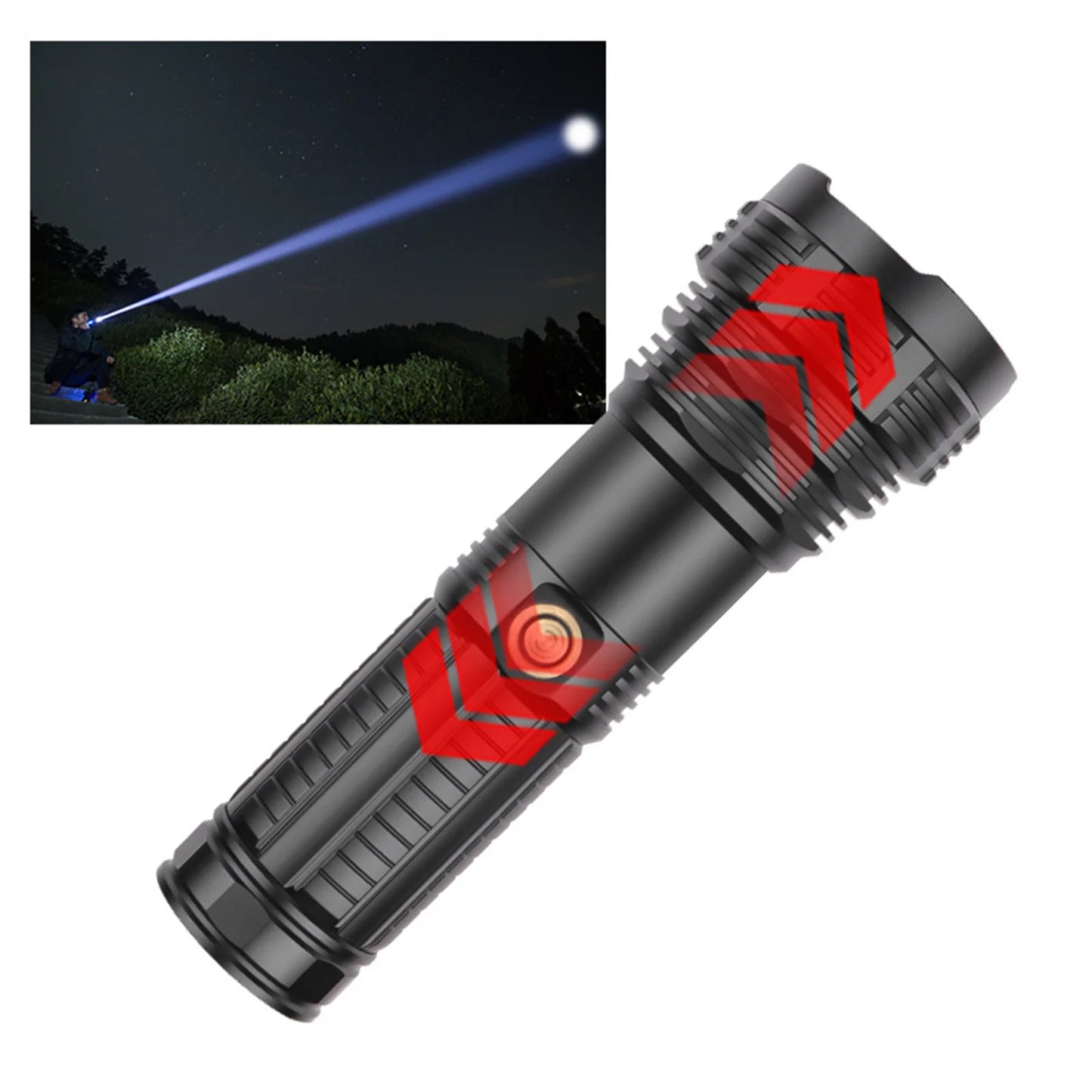 30W White LED Strong Light Flashlight Outdoor Powerful LED Light Rechargeable 2000Meter Long Range Searchlight Zoom Flashlight
