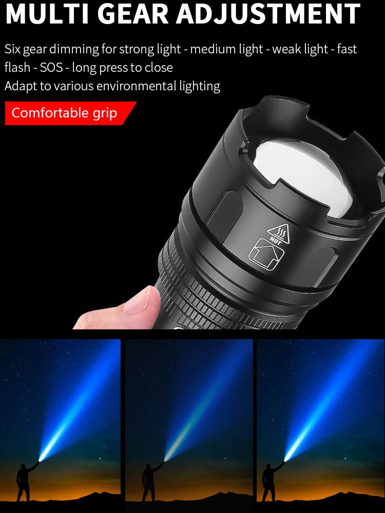 LED Flashlight Type-C USB Rechargeable Long Range Tactical Torch Strong Light Lamp Outdoor Ultra Powerful Flash Light