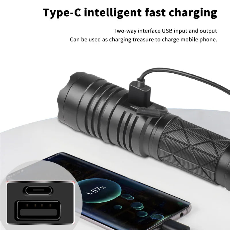 XHP70 LED flashlight camping fishing lamp TYPE-C charging low power reminder can output waterproof telescopic zoom use outdoor