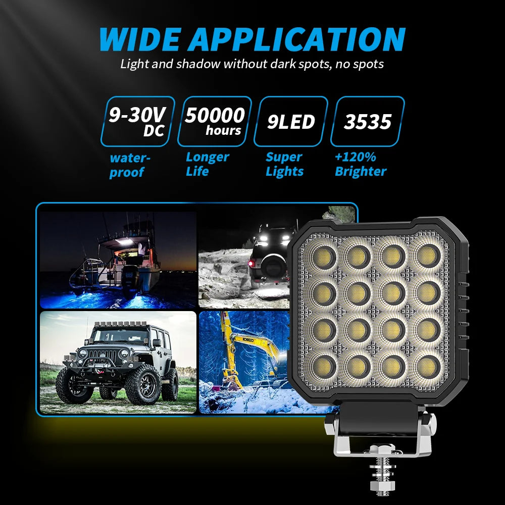 4 Inch 64 LED Square Floodlight 9-80V 24W Car Work Light For Jeep Truck Boat Tractor ATV Offroad 4X4 Barra LED Headlight