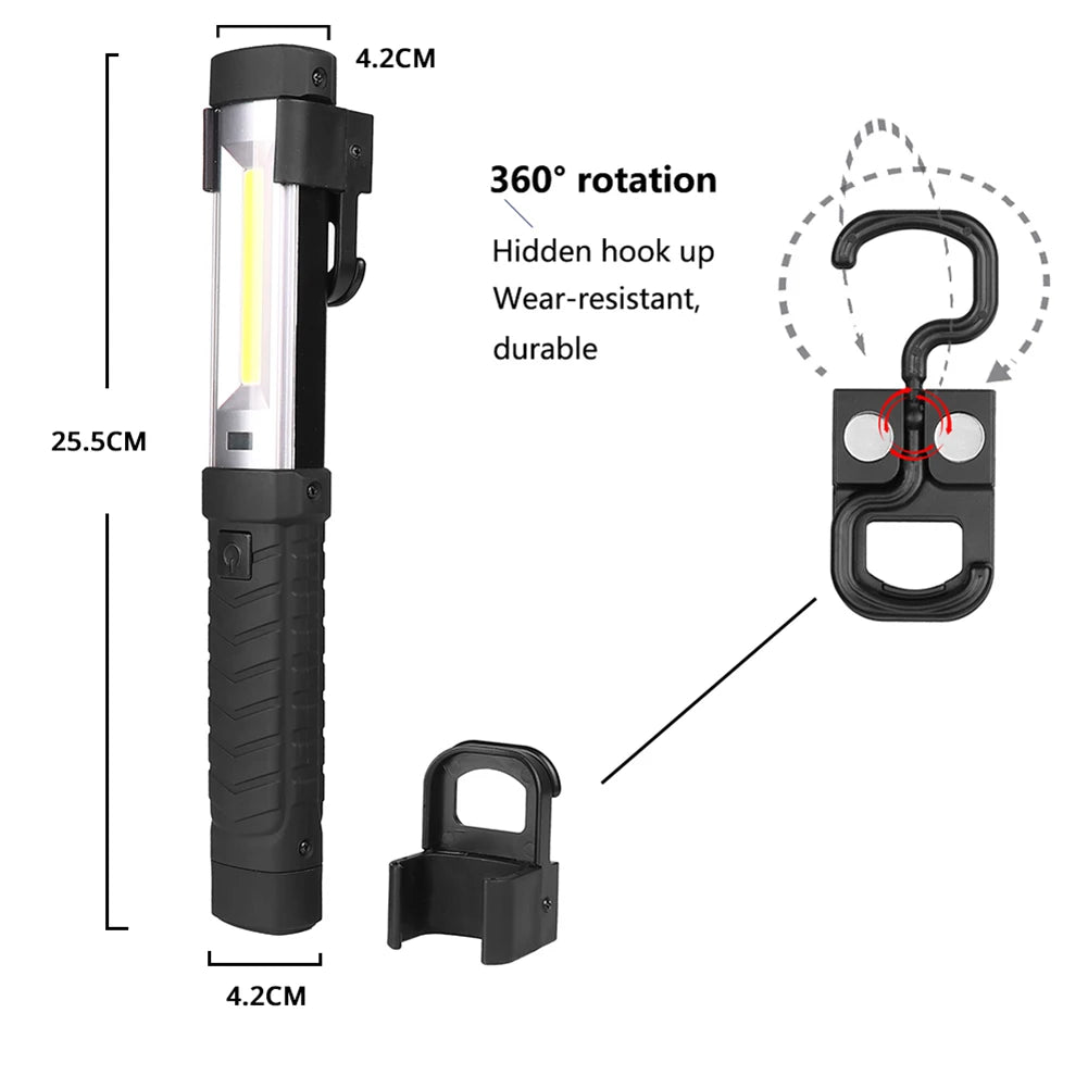 Linterna LED portátil de reparación, recargable por USB, COB, batería 18650, imán y gancho, lámpara de camping para exteriores, luz de emergencia