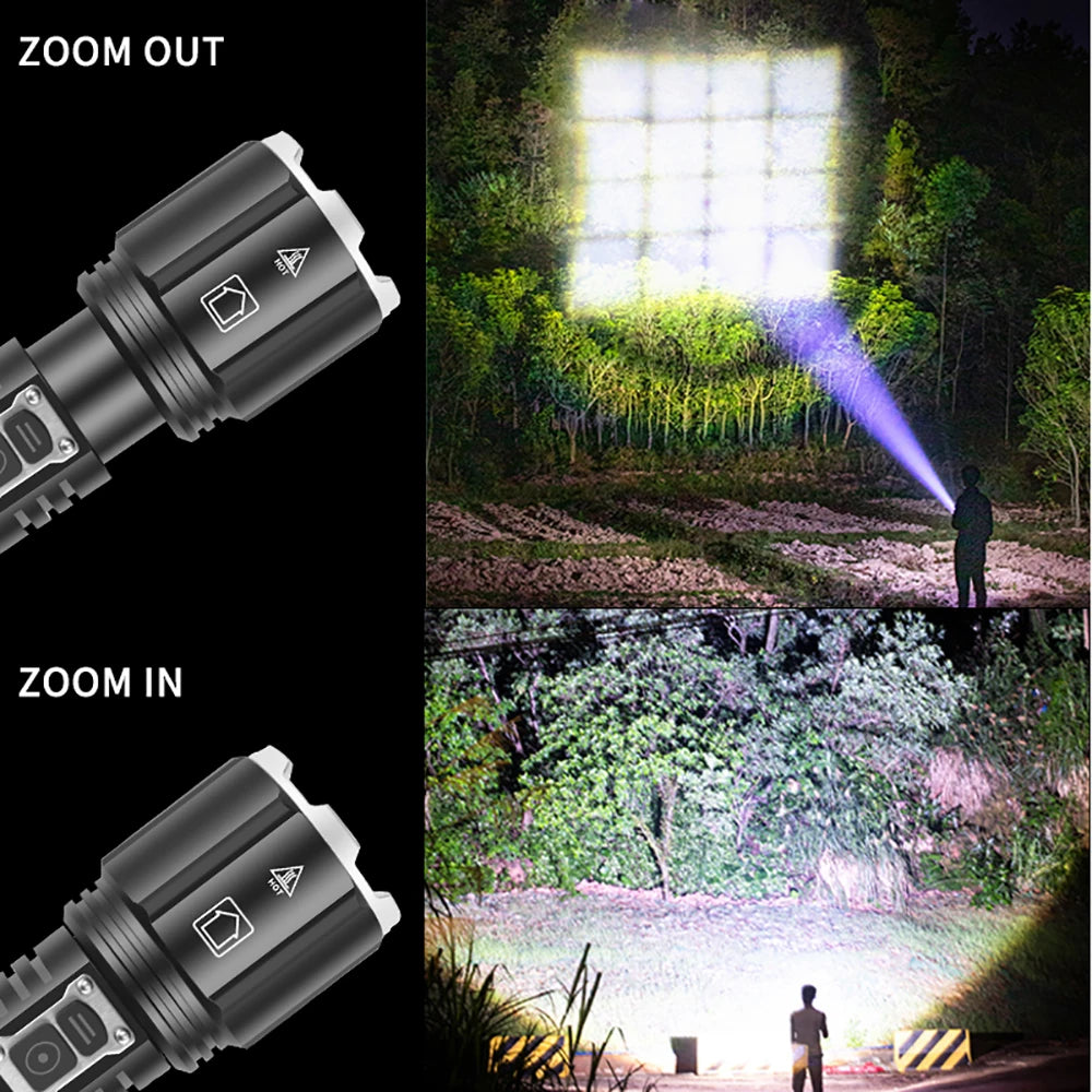 XHP160 LED Flashlight Powerful Fishing Torch 26650 USB Rechargeable Camping Lantern Zoom Waterproof Power Bank Tactical Light