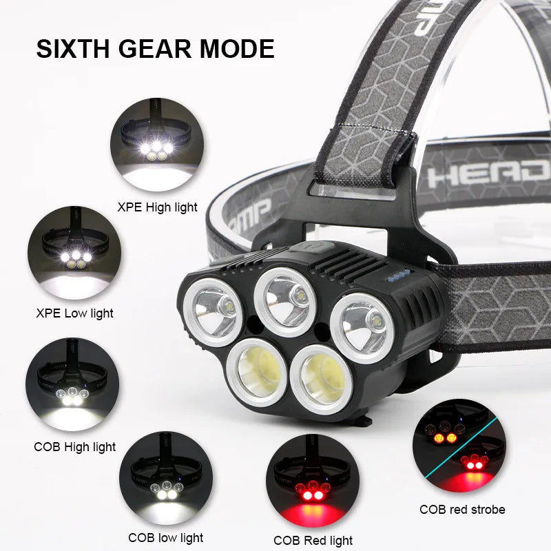 مصباح أمامي تحريض 5LED من النوع C قابل لإعادة الشحن ومقاوم للماء ومصباح تخييم 3XPE+2COB مصباح أمامي قوي طويل المدى للصيد