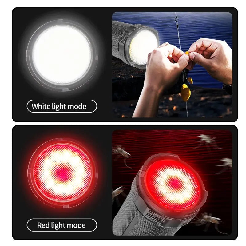 30W LED+COB Telescopic Flashlight USB-C Fast Charge White/Red Light High Power Tactical Zoom Long-range Search Lamp