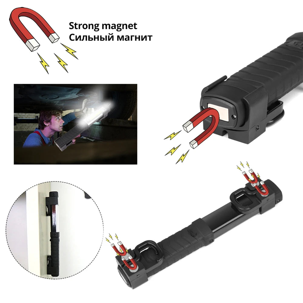 Linterna LED portátil de reparación, recargable por USB, COB, batería 18650, imán y gancho, lámpara de camping para exteriores, luz de emergencia