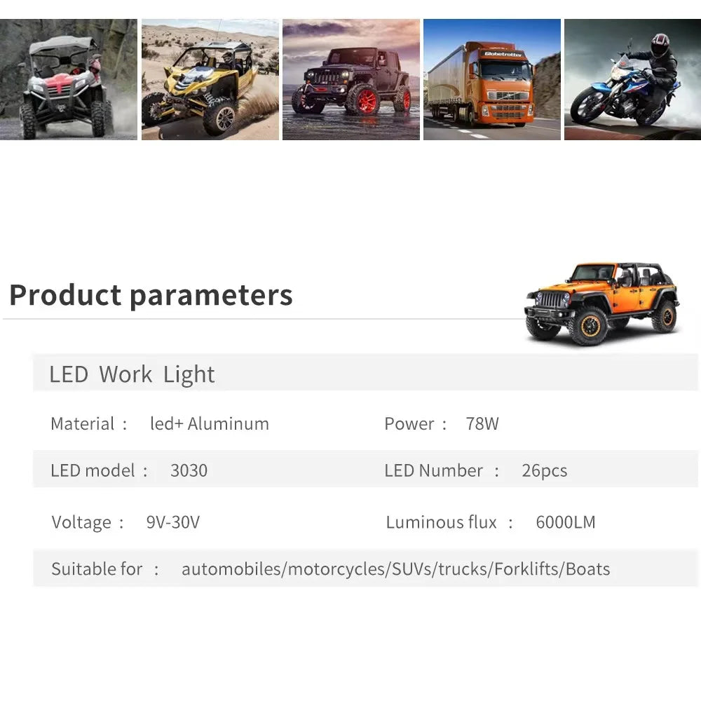 Work Light Headlight LED Bar LED Lightbar Spotlight Offroad LED For Tractor Truck Driving Fog Lamp 6000LM 1PCS