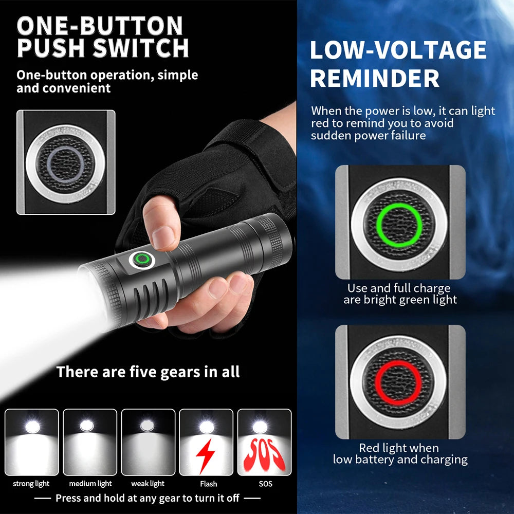 Powerful LED Flashlight TYPE-C USB Rechargeable Strong Light Small Torch Portable Multi-color Lantern Outdoor Camping Lamp