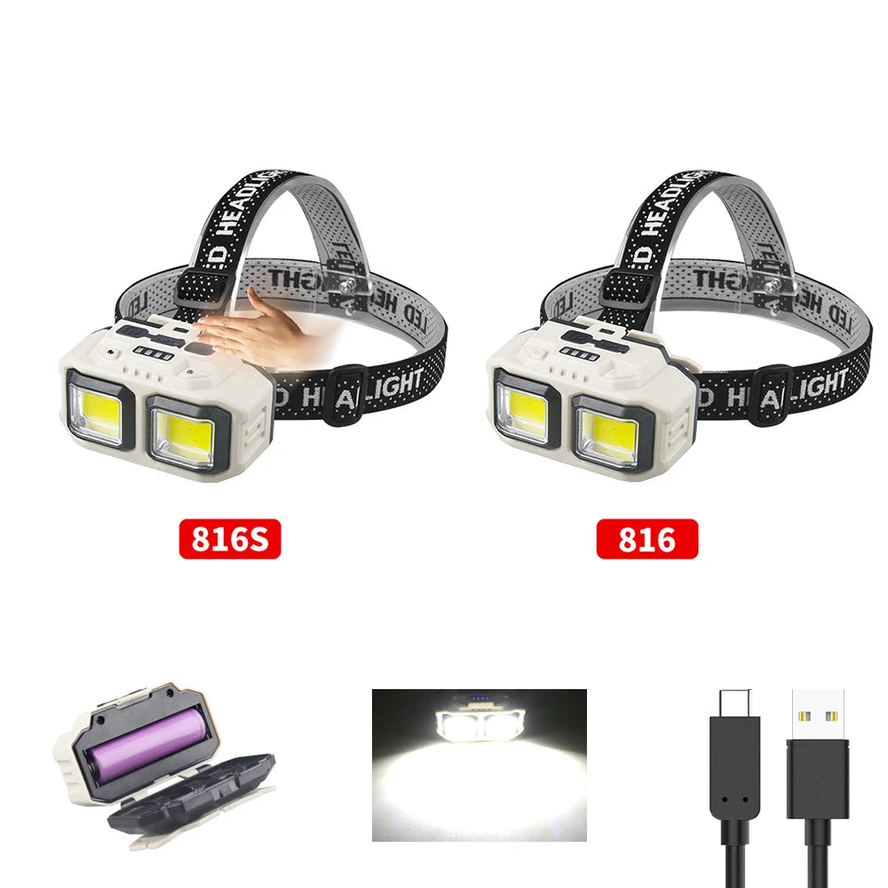 XPE+COB Induction Headlight 500LM Manual Sensing Strong LED Light Outdoor Camping Fishing Head Lamp