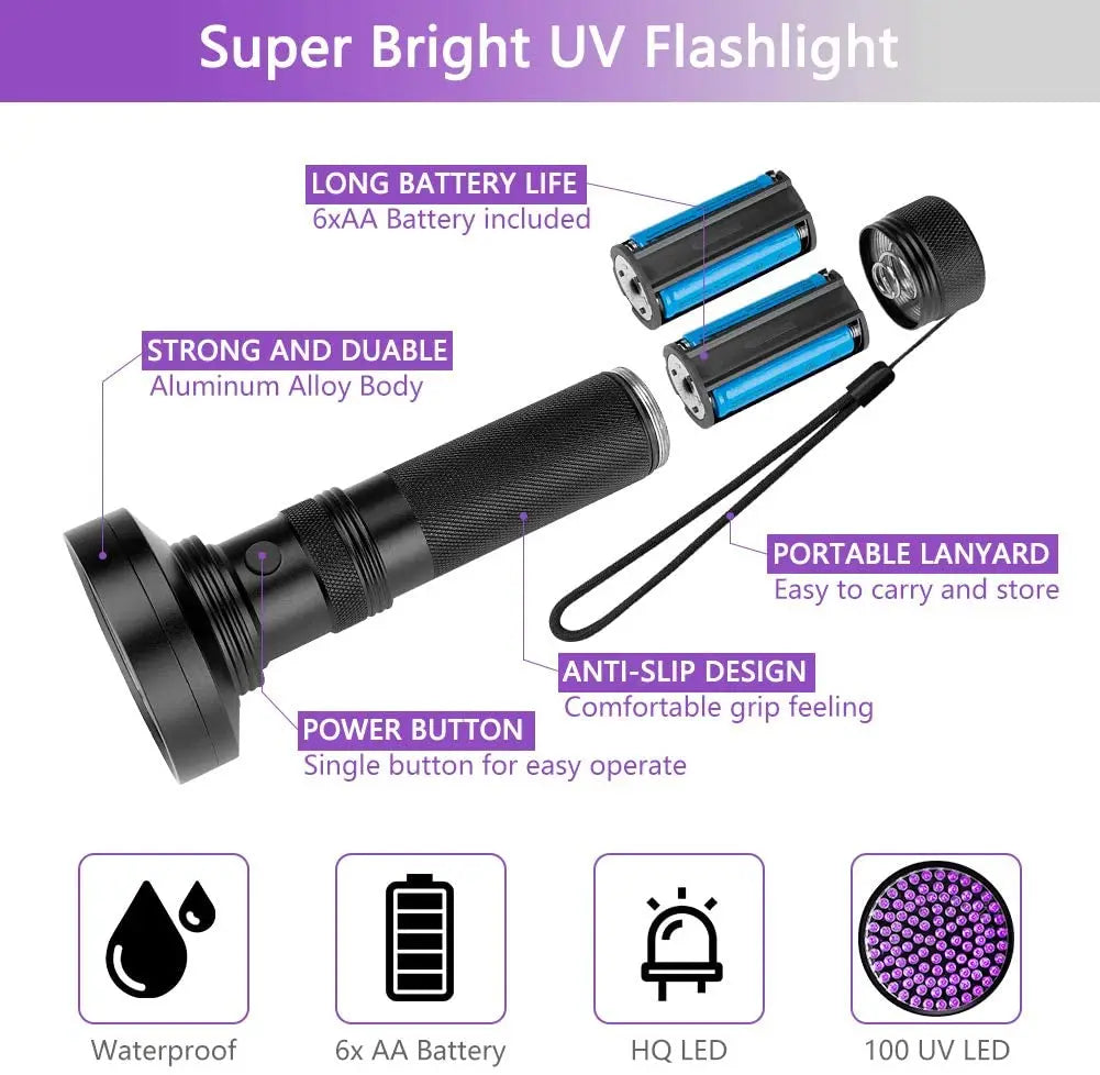 100Leds UV Led Flashlight Torch Black Light UV Lamp 51 LED UV Black Light Pet Urine Light Detector for Dog/Cat Urine, Dry Stains