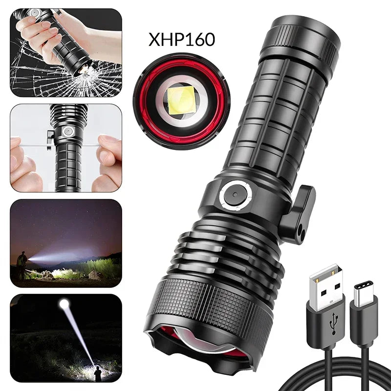 Multifunctional XHP160 Ultra-Bright LED Flashlight Type-C Charging High-Intensity Beam & Emergency Window-Breaking Tool