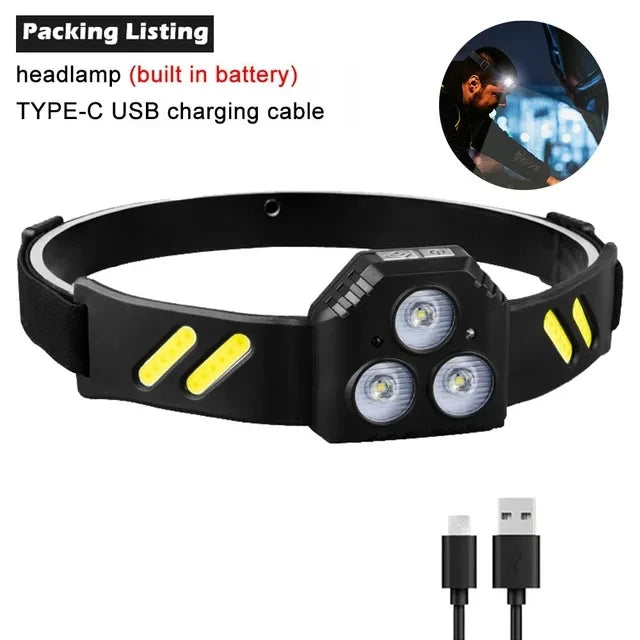 Ultra Bright XPE+COB LED Sensor Headlamp Type-C Fast Charging Headlight Outdoor Portable Waterproof Camping Fishing Headlight