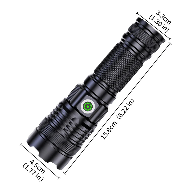 30W LED 15.7cm Pocket Flashlight Zoomable Fishing Spotlight Hiking Floodlight 1800mA USB-C Camping Emergency Torch 4Mode Warning