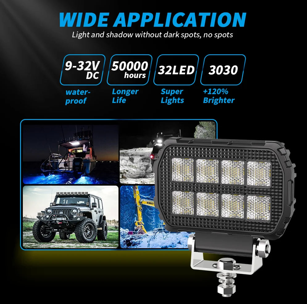 4.5 Inch Black Knight Rectangle Floodlight 9-32V Car Work Light For Jeep Truck Boat Tractor ATV Offroad 4X4 Barra LED Headlight