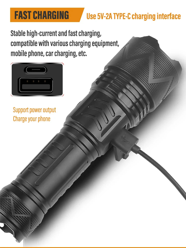 Linterna LED de alta potencia con carga USB XHP70, linterna superbrillante, 4 modos de iluminación, lámpara recargable a prueba de agua