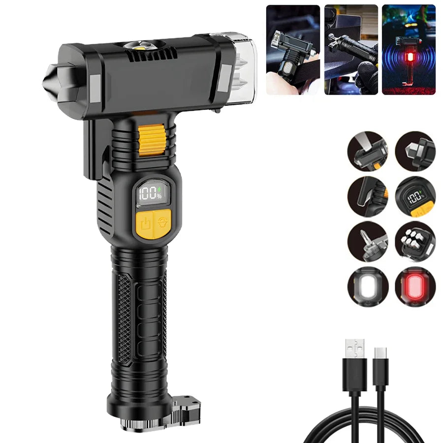 Super Bright LED Flashlight Outdoor Emergency Torch Multifunctional Working Light Broken Window Safety Hammer Red Warning Lamp