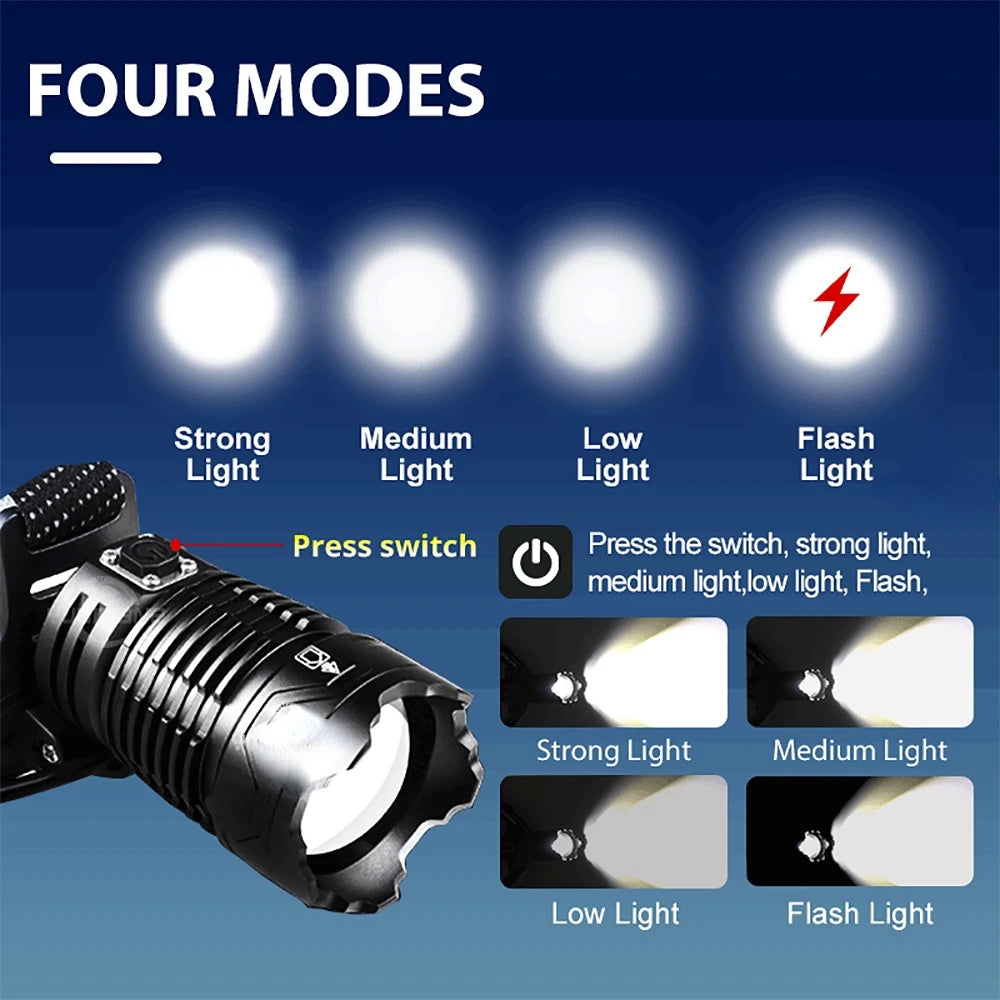 Linterna frontal LED de alta potencia XHP360 de 2000 m, superbrillante, para exteriores, de largo alcance, táctica, con batería externa de emergencia, para uso con 18650