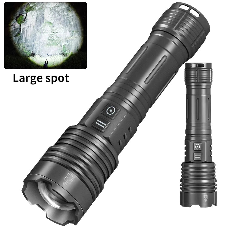 Linterna LED XHP70 de alta potencia, superbrillante, 1500 lúmenes, con zoom, de emergencia, para exteriores, recargable tipo C