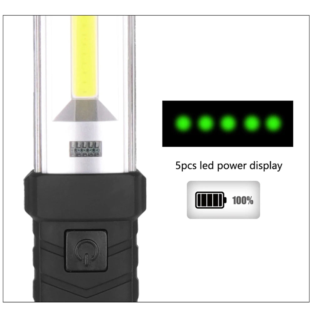 Linterna LED portátil de reparación, recargable por USB, COB, batería 18650, imán y gancho, lámpara de camping para exteriores, luz de emergencia
