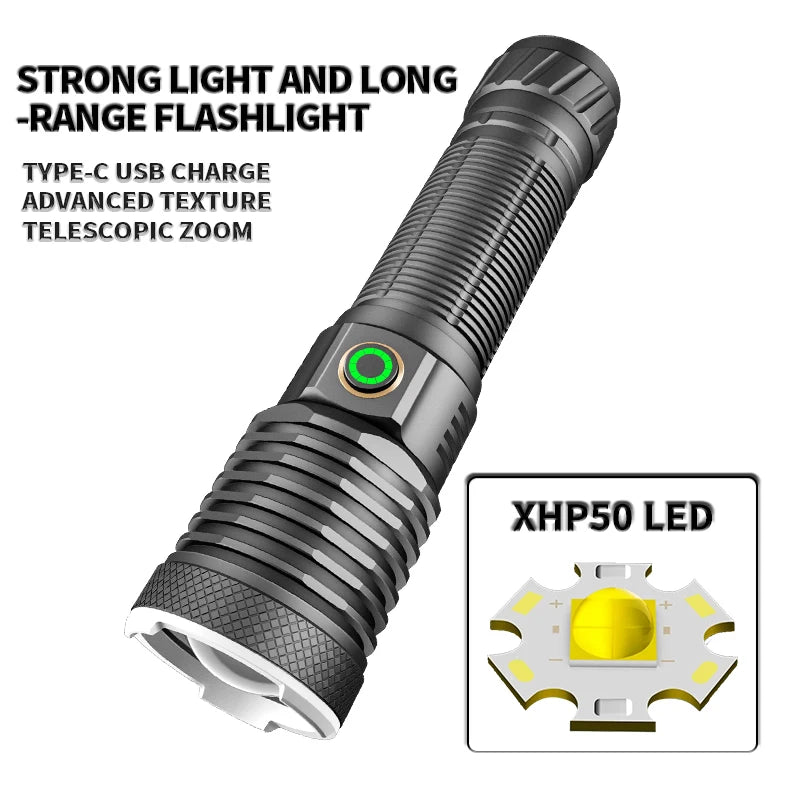 XHP50 30W 800 Lumens LED Flashlight 18650 26650 AAA USB Tybe-C Rechargeable IPX4 Waterproof Long-range Light Torch Lantern