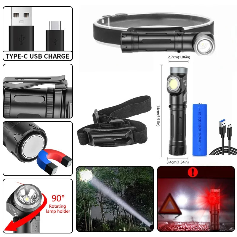 LED+COB waterproof Head Flashlight Type-C Rechargeable 90° Adjustable Portable Headlight Indicator Magnet Tail Camping Torch