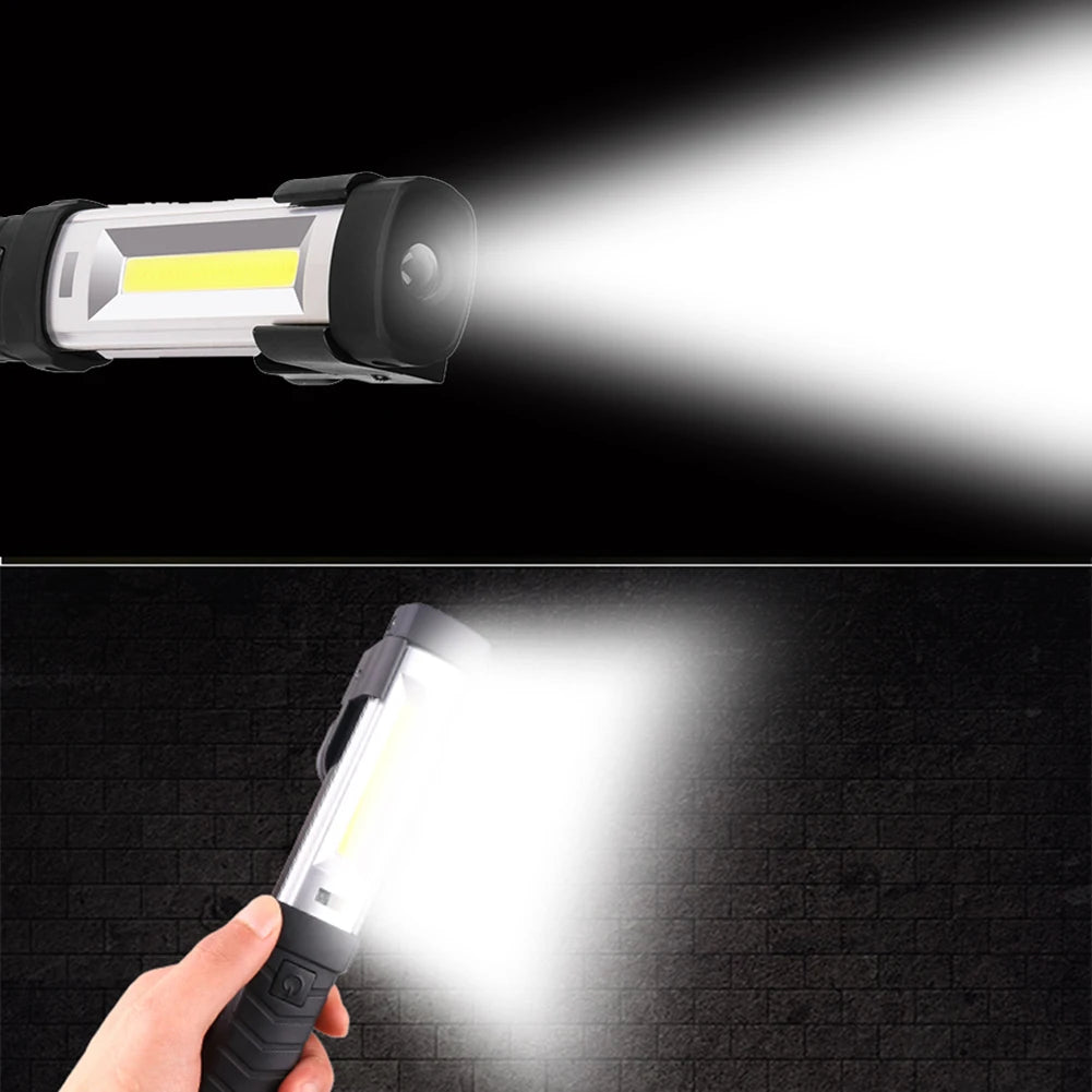 Linterna LED portátil de reparación, recargable por USB, COB, batería 18650, imán y gancho, lámpara de camping para exteriores, luz de emergencia