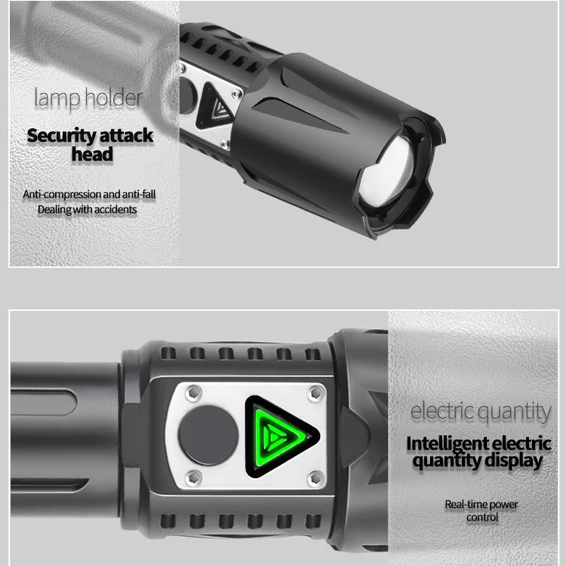 مصباح يدوي قوي XHP360 LED USB يستخدم بطارية قابلة لإعادة الشحن 26650 مصباح يدوي قابل للتكبير والتصغير ومصباح يدوي مقاوم للماء للصيد