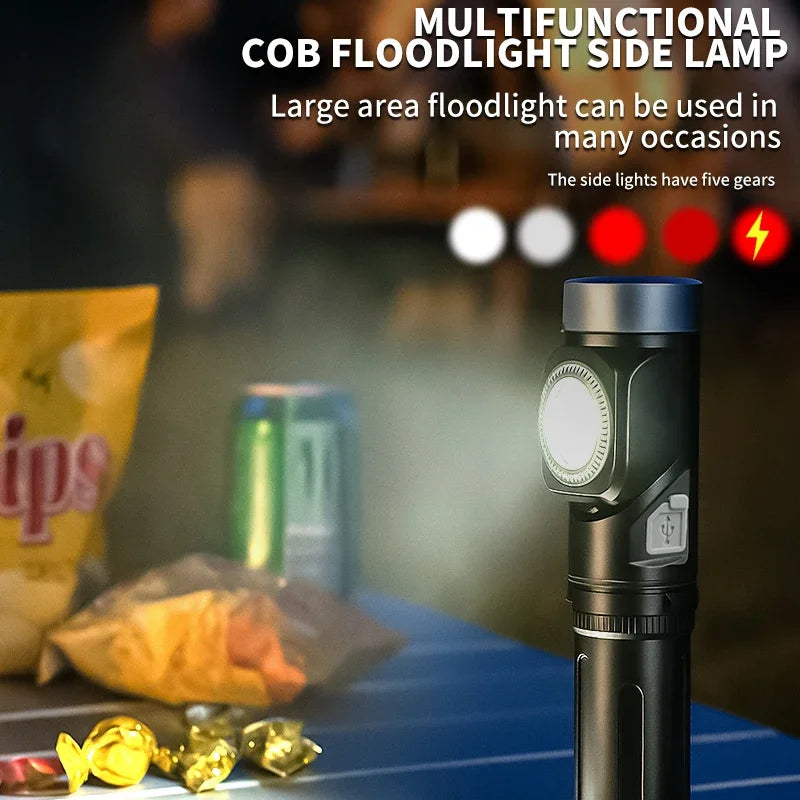 LED+COB waterproof Head Flashlight Type-C Rechargeable 90° Adjustable Portable Headlight Indicator Magnet Tail Camping Torch