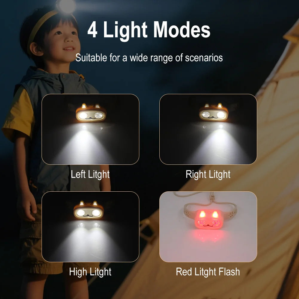 Kids Rechargeable LED Headlamp with Built-in Battery 4 Lighting Modes Waterproof Head Torch for Outdoor Camping & Gifts