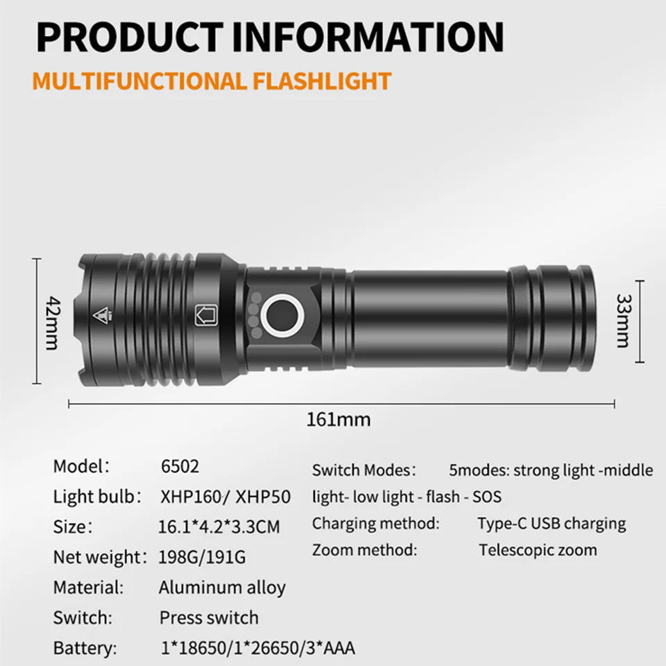 مصباح يدوي LED قوي XHP160 عالي الطاقة محمول من النوع C قابل لإعادة الشحن مصباح LED للصيد في الهواء الطلق والدفاع عن النفس