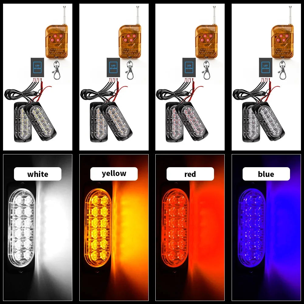 4X 12 LED Kit Wireless Remote Control Car Front Grille Strobe Light Flashing Emergency Lamp Police Warning Flash Signal 12V 24V
