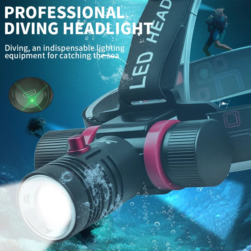 Linterna frontal de buceo con fuente de luz potente L2 resistente al agua, aleación de aluminio, linterna de ajuste libre de ángulo de 180° de larga duración