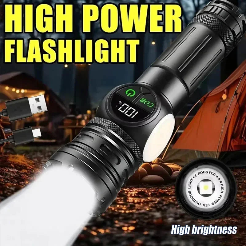 High Power LED Flashlight USB Rechargeable Light Telescopic Zoom Torch Digital Display Tail Magnetic Working Emergency Lantern