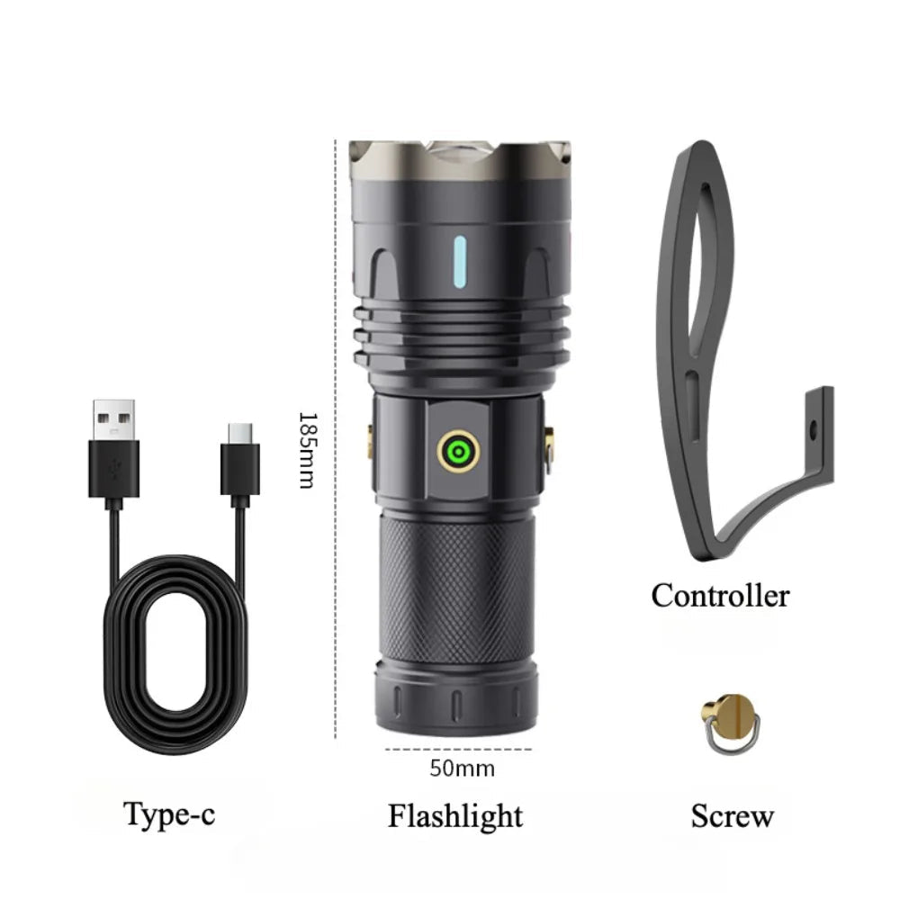 Super Bright LED Flashlight Type C Rechargeable 3 Modes Zoom Handlamp Long Range Tactical Torch Outdoor Waterproof Camping