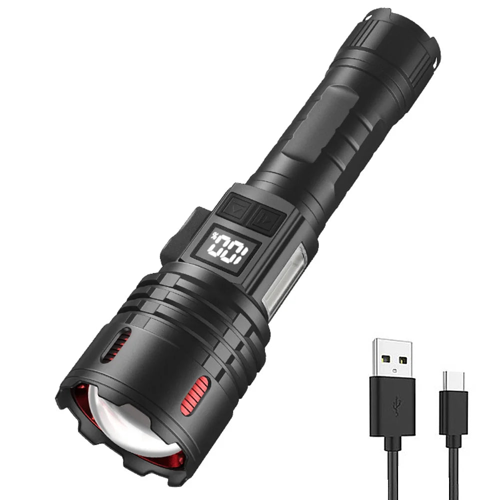Handheld LED Flashlight with COB Side Light Super Bright Flashlight USB Charging IPX4 Waterproof Power Display for Power Outages