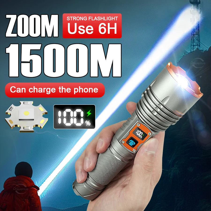 أحدث مصباح يدوي LED قابل لإعادة الشحن ومحمول وقوي وذو قدرة عالية على التكبير حتى مسافة 1500 متر ومصباح يدوي تكتيكي قابل للتكبير