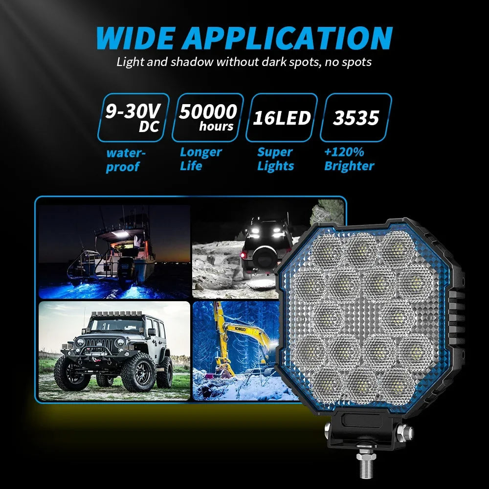 New 5x5 "square work light 45W 16LED floodlight auxiliary light Off-road vehicle modified spotlights