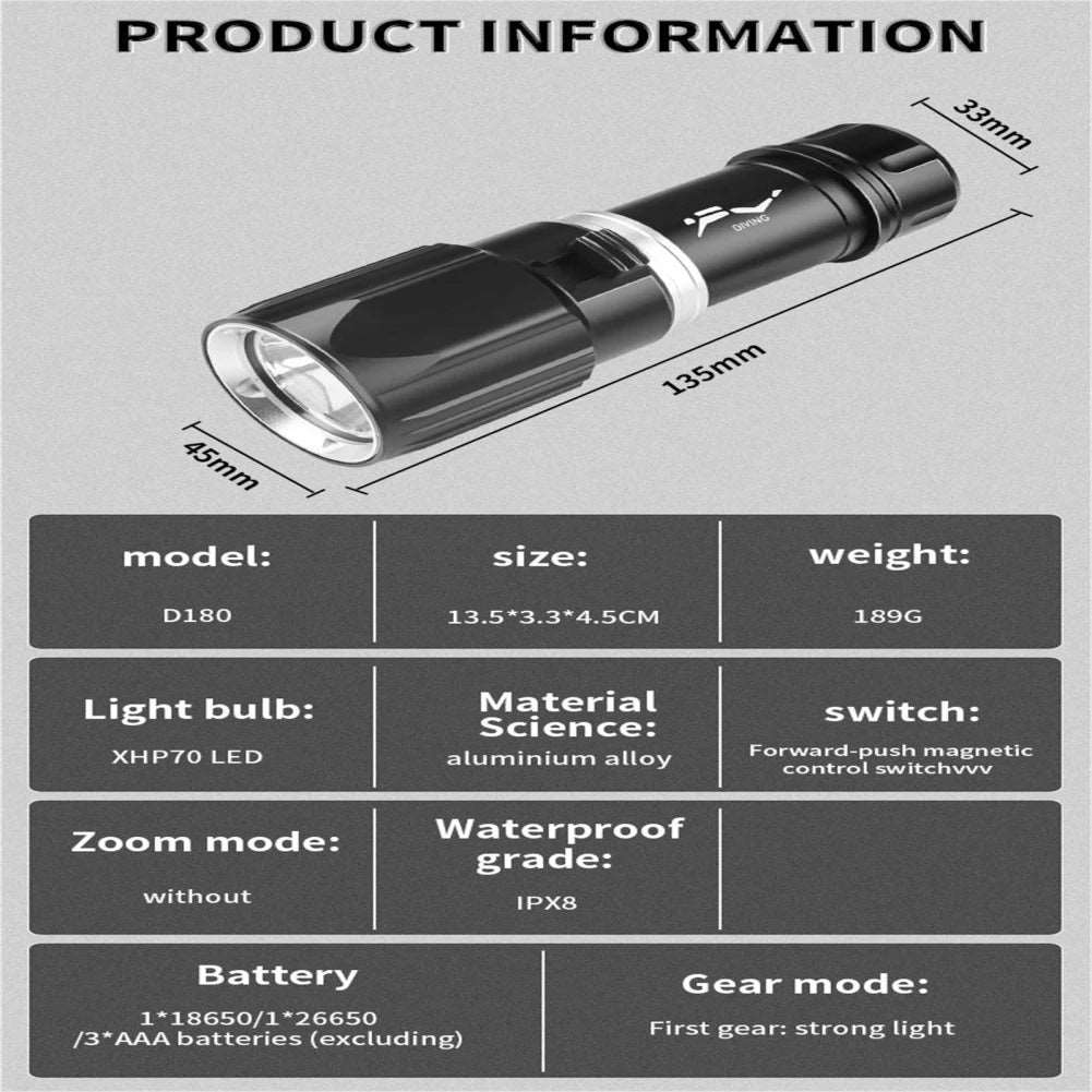 Diving Scuba Flashlight 1000 Lumens IPX8 Waterproof Super Bright XHP 70 LED Torch Rechargeable Flashlight