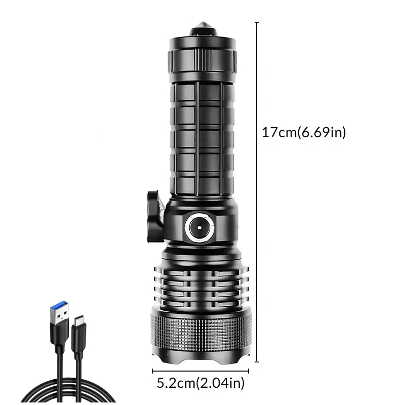 Multifunctional XHP160 Ultra-Bright LED Flashlight Type-C Charging High-Intensity Beam & Emergency Window-Breaking Tool