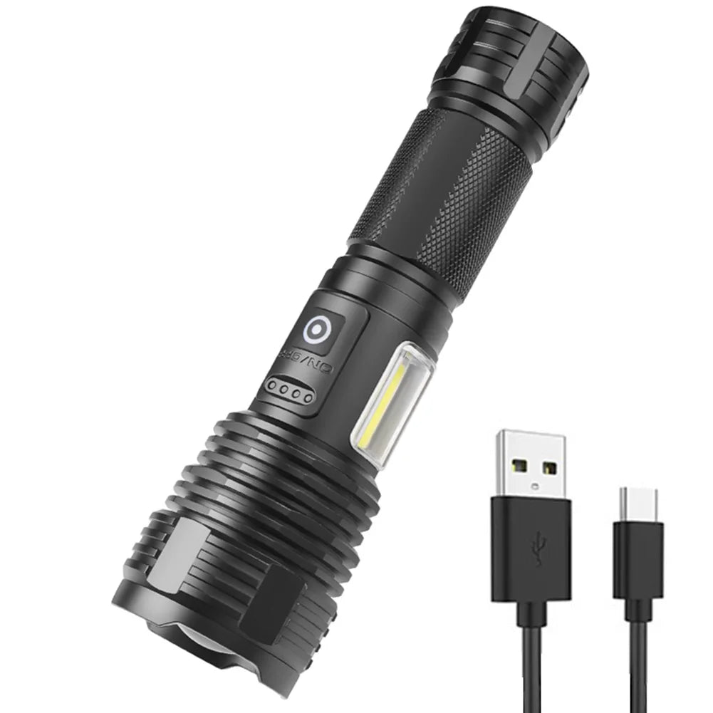 Linterna de alta potencia con luz lateral, linterna de camping de largo alcance con carga USB, resistente al agua IPX4 para cortes de energía