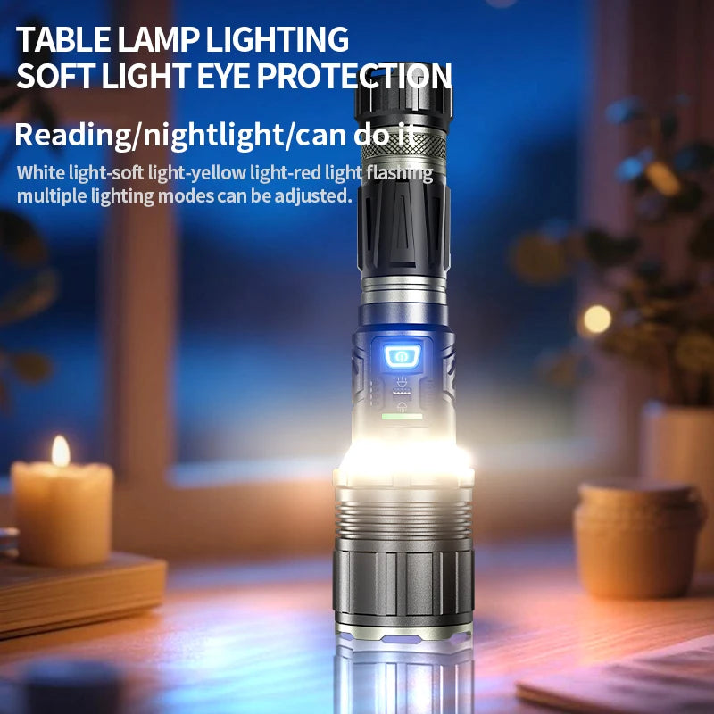 50W white laser flashlight that is extremely bright and has long-range capabilities. The lotus-shaped head can break windows