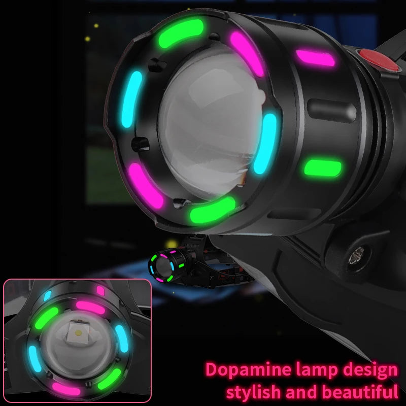 مصباح أمامي قوي LED قابل لإعادة الشحن عبر USB بتصميم مضيء ومقاوم للماء للاستخدام الخارجي ومصباح أمامي عالي السطوع