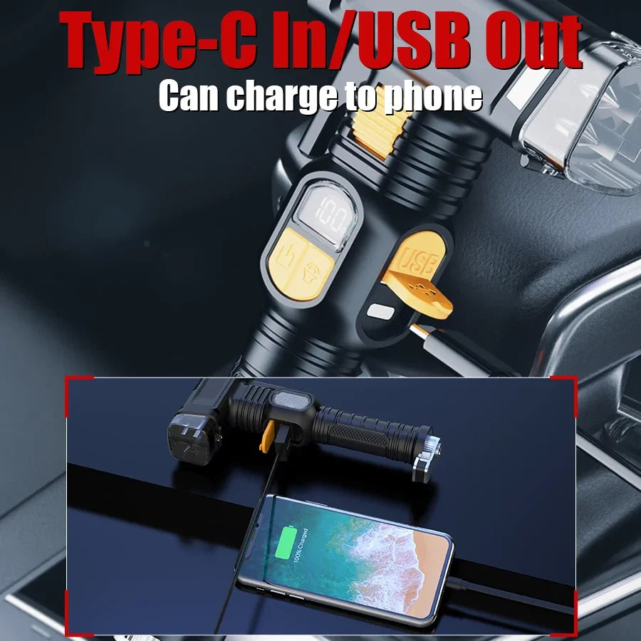 Super Bright LED Flashlight Outdoor Emergency Torch Multifunctional Working Light Broken Window Safety Hammer Red Warning Lamp
