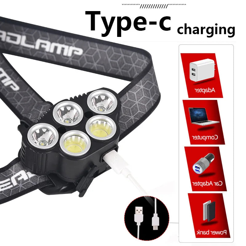 مصباح أمامي تحريض 5LED من النوع C قابل لإعادة الشحن ومقاوم للماء ومصباح تخييم 3XPE+2COB مصباح أمامي قوي طويل المدى للصيد