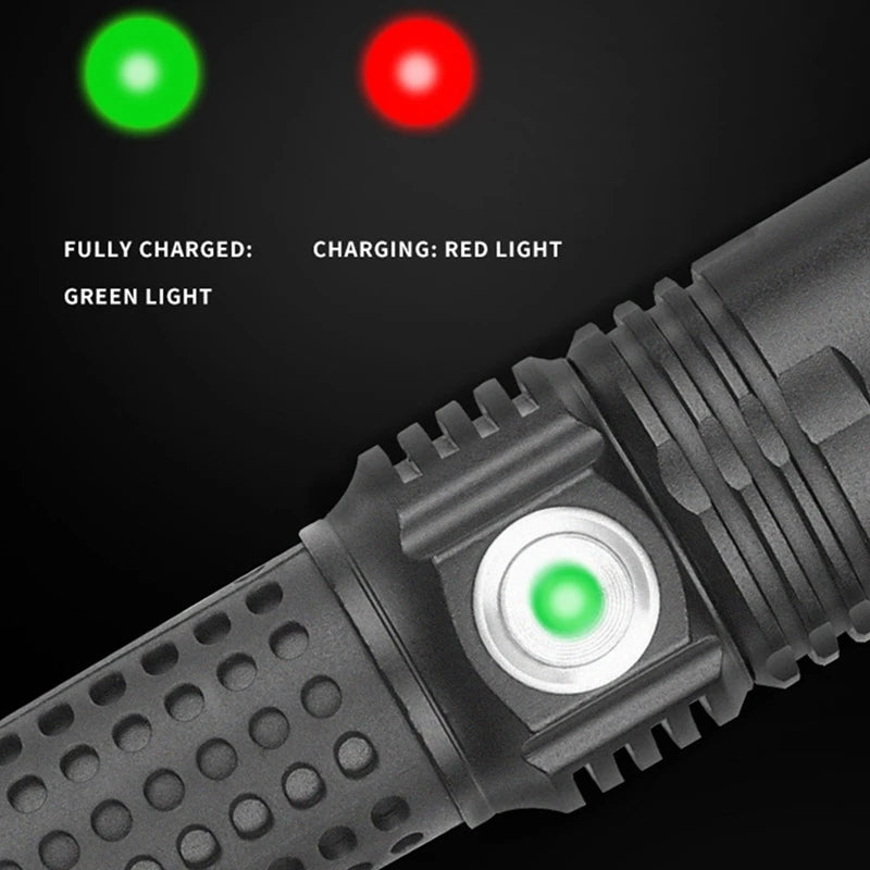 Linterna LED XHP50 portátil de gran oferta, potente linterna 18650, recargable por USB, linterna LED XHP50