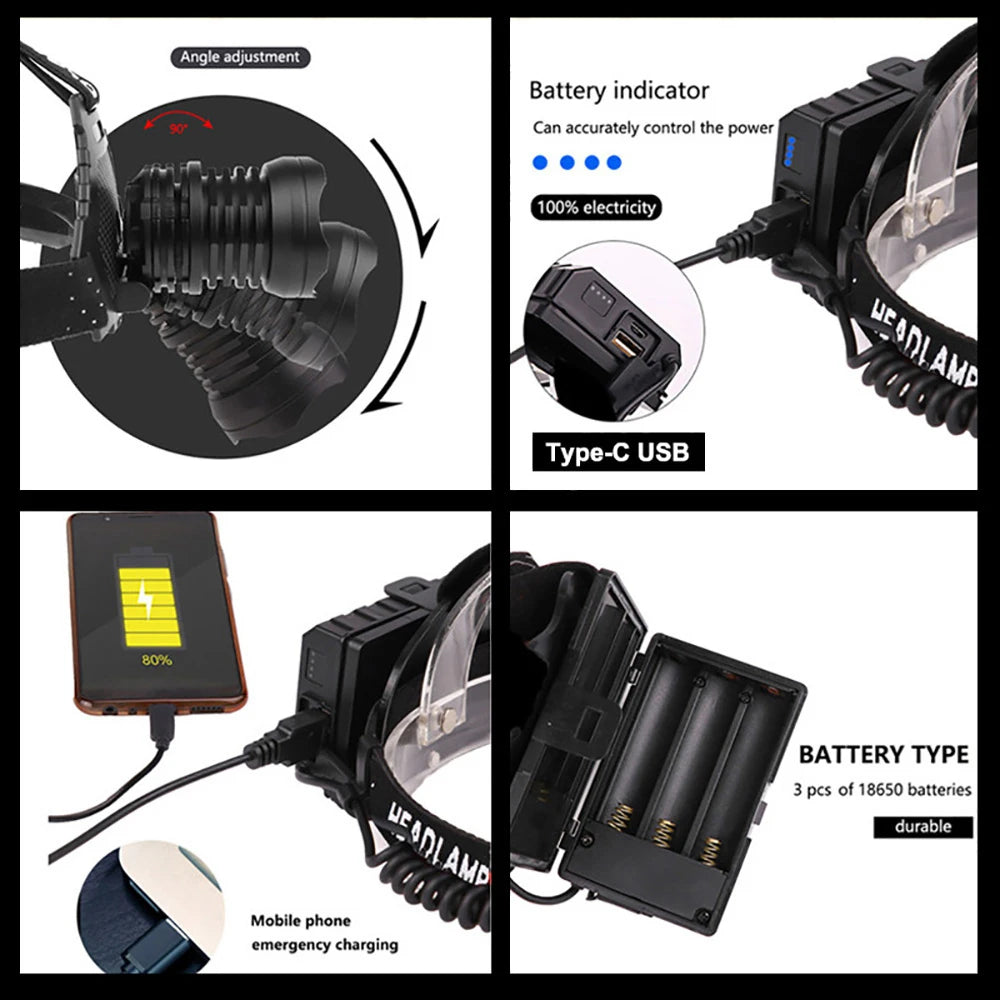 Linterna frontal LED de alta potencia XHP360 de 2000 m, superbrillante, para exteriores, de largo alcance, táctica, con batería externa de emergencia, para uso con 18650